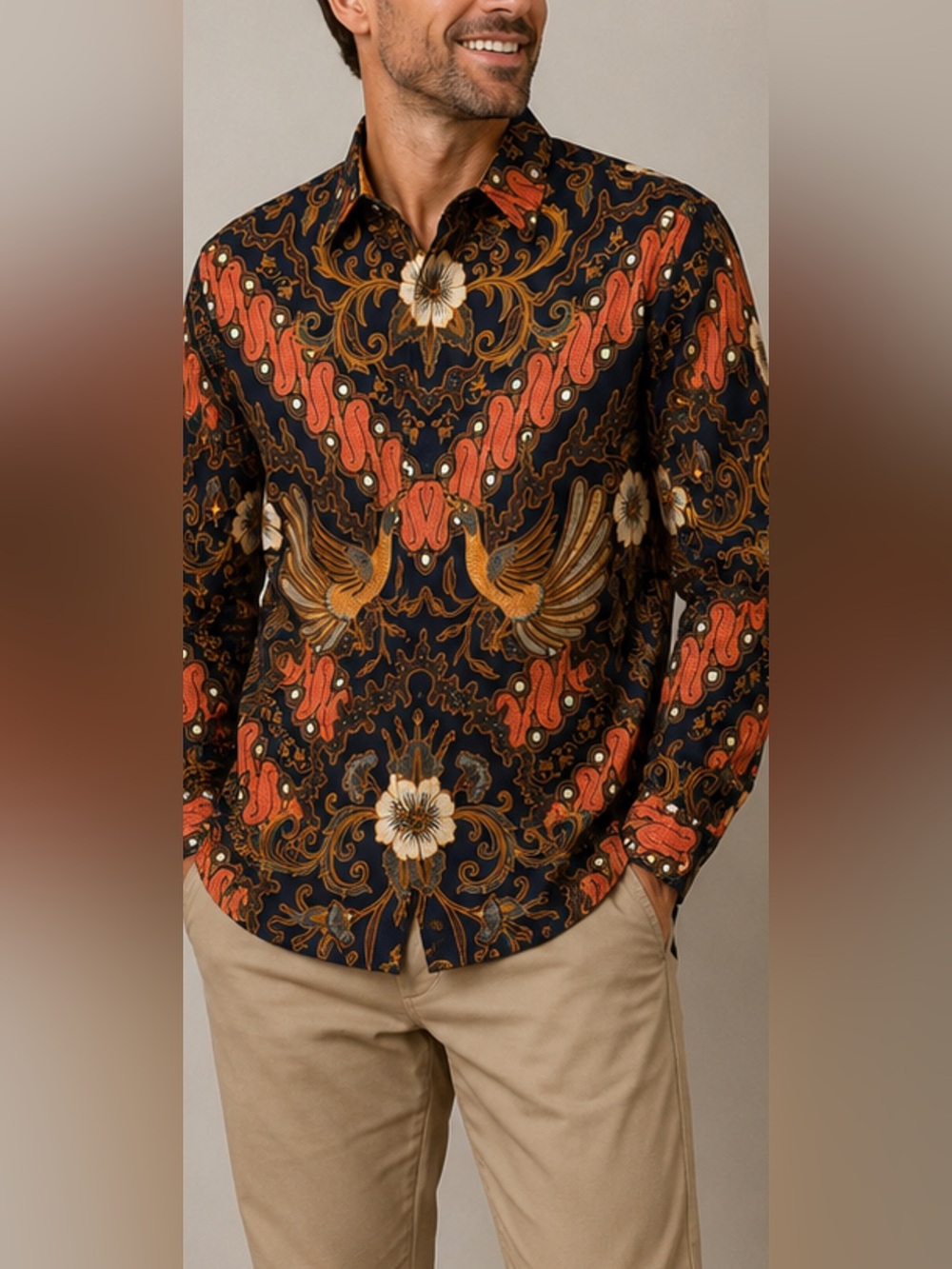 Batik Keris Mens 16.5 Shirt Navy Orange Floral Bird Cotton Button Up